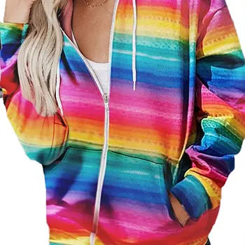 

Women's Casual Zip Up Hoodie, Fashion Long Sleeve Rainbow Print Hooded Sweatshirt with Pockets