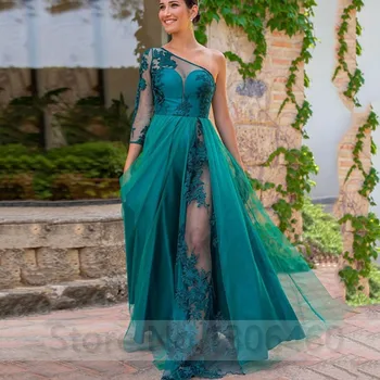 

2020 New Arrival Turquoise Long Party Evening Dress With Applique One Shoulder High Slit Formal Prom Dress