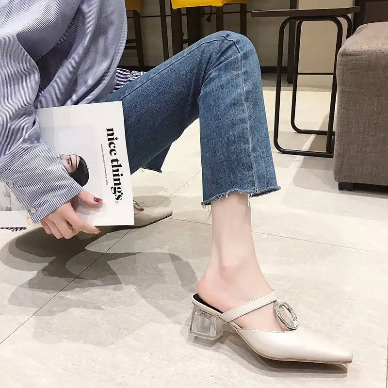 

2020 summer new style rhinestone temperament pointed outer wear lazy slippers thick heel Baotou sandals and slippers female X311