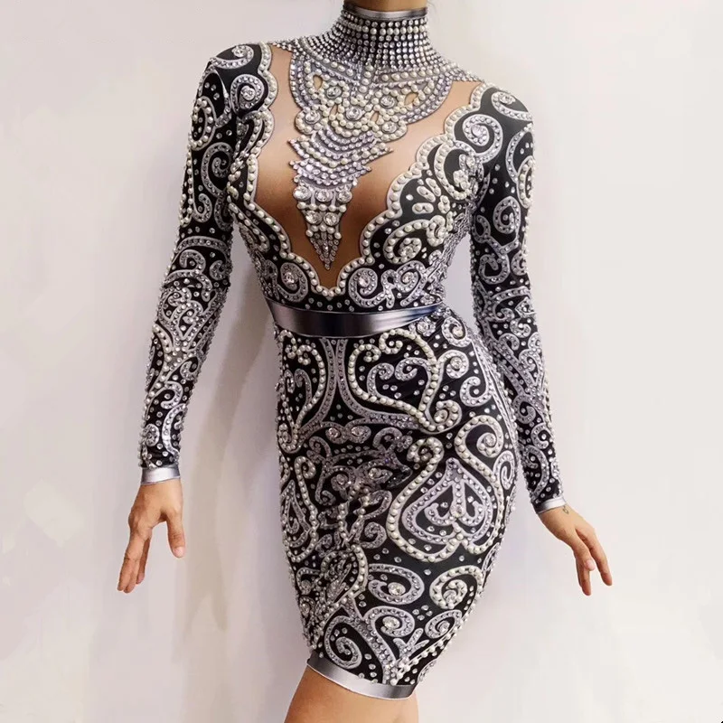 

Black Gold Gray Rhinestones Pearl Skinny Dress Ladies Birthday Party Prom Stage Dresses Long Sleeve Crystals Dance Wear DT1538