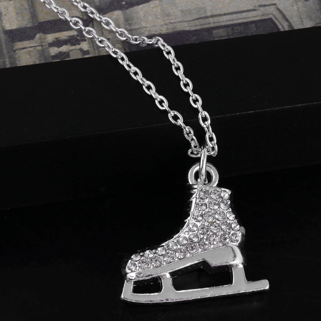 Phenovo Crystal Ice Skates Pendant Fashion Pendant Chain Necklace Sport Jewelry For lover family friend Skater Gift  -silver color