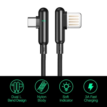 

1.2m 2 in1Charging Transmission Dual Elbow Data Cable 3A Type-C Charging Wire with Indicator adapter for Cafele Data line