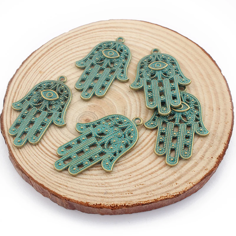 10 шт Verdigris Patina Eye Hamsa Hands Fatima пальмовые Подвески для DIY ожерелья ручной работы