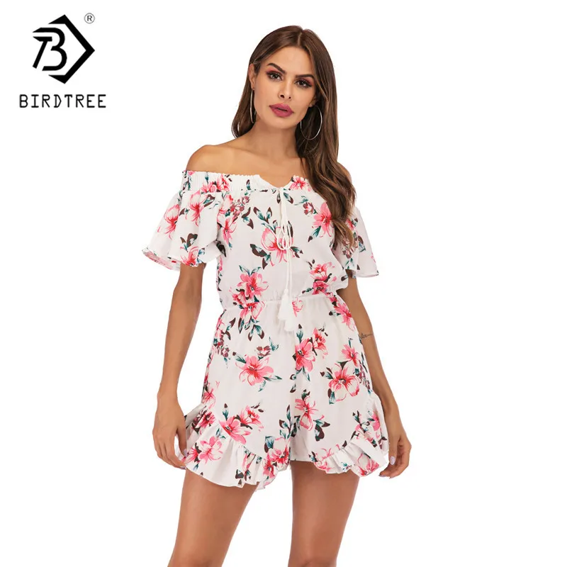 Summer Floral Jumpsuit Women Holiday Beach Wear Slash Neck Lace Up Tassel Elastic Waist Ruffles Print Playsuit 2020 D03402Y | Женская