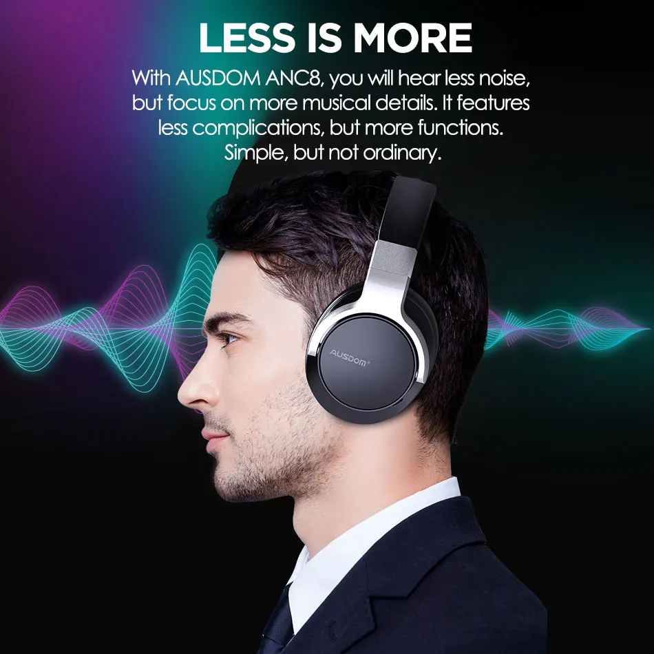 AUSDOM ANC8 Active Noise Cancelling Wireless Headphones Bluetooth Headset with Super HiFi Deep Bass 20H Playtime for Travel Work