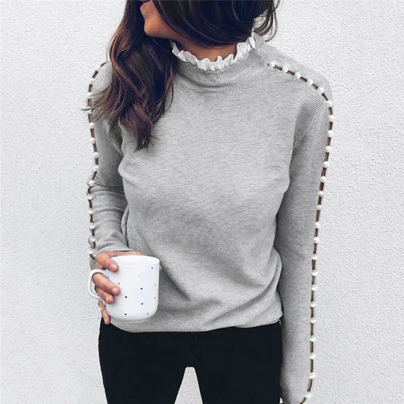 

Women Lace T Shirt with Pearl Autumn Top Long Sleeve Elegant Tee Shirt Femme Ladies Dams Fashion Party Club tshirt Streetwear