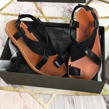 

2020 Summer gladiator Sandals flat heel Casual Beach Shoes ankle Strap flipflops real leather Shoes Women zapatos mujer