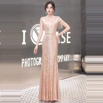

Tassel Evening Dress Champagne Gold Sequined Party Dresses for Women K052 Elegant Robe De Soiree Long Mermaid Formal Prom Gowns