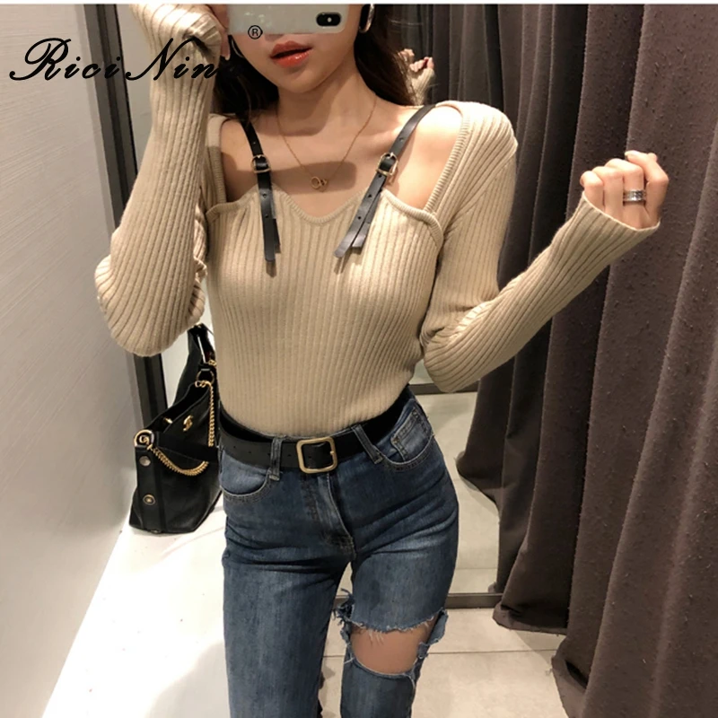 

RICININA Sexy Sweater Women Long Sleeve Knit Pullover Bandage Solid Cashmere Sweater Mujer Autumn Casual Vintage Truien Dames
