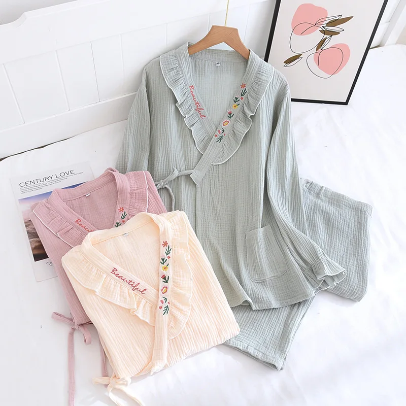 

Spring Cotton Gauze Pajamas Women Long Sleeve Trouser Suit Postpartum Breast-feeding Clothes V-Neck Solid Embroidered 2 Piece