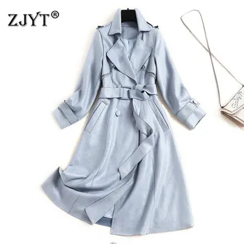 

Fashion Designer Autumn Winter Trench Coat for Women 2020 New Elegant Long Sleeve Turn Down Collar Solid Suede Leather Outerwear