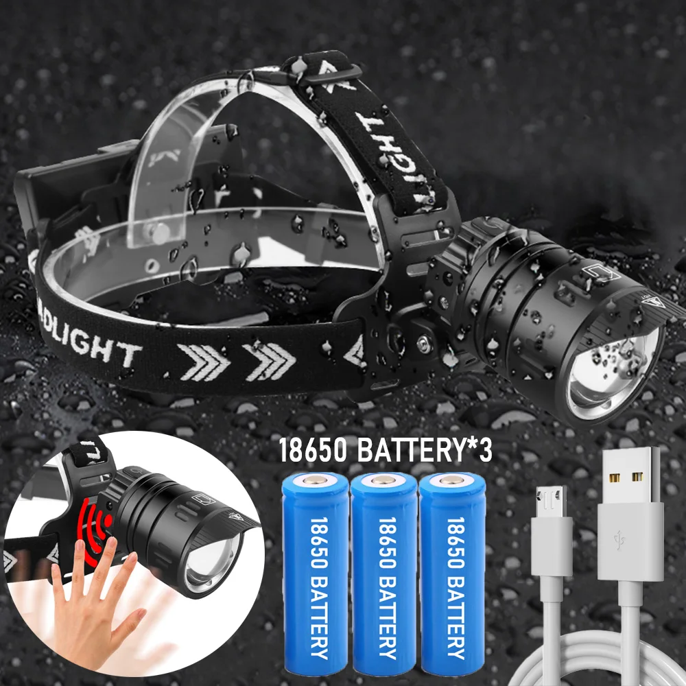 

Мощный яркий налобный фонарь для рыбалки и светодиодный налобный фонарь высокой мощности, налобный фонарь с датчиком, фонарь для кемпинга, аккумулятор 18650 для охоты