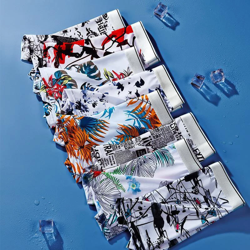 8 Pcs/Lot New Men's Ice Silk Underwear Instant Drying Breathable Large Size Boxer Printing Ultra-Thin |