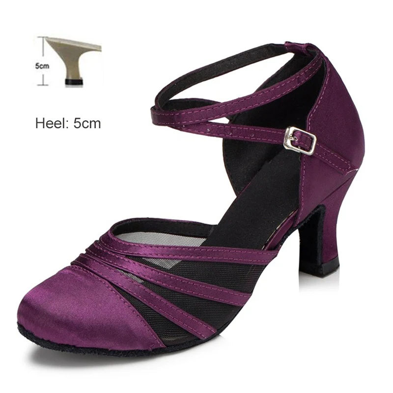Обувь для бальных танцев для женщин, девушек, дам, Танго/бальных/латинских/современных каблуках, Классические атласные домашние танцевальные туфли, Прямая поставка - Цвет: Purple 5cm