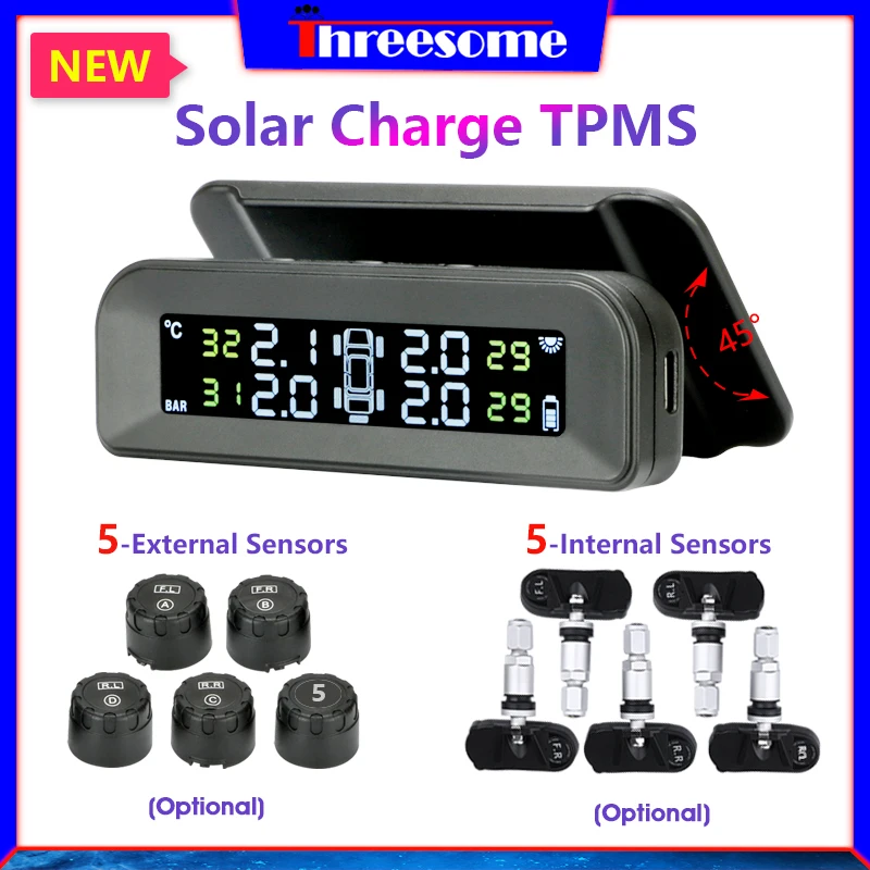 

Car Tire Pressure Monitor System Solar Power Adjustable LCD Screen Automatic Brightness Control Wireless 5 Tire TPMS