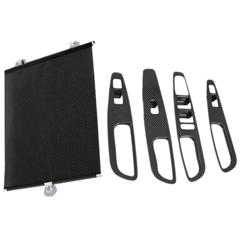 

1Pcs Car Uv Curtain Rear/Back Side Window Sunshades 50X125Cm & 4Pcs Carbon Fiber Window Lift Switch Button Cover Trims