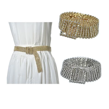 

Super Shine Women Rhinestone Belt Luxury Thin and Wide Silver Bling Bride Wedding Crystal Chain Belts Gold Diamond Waistbands