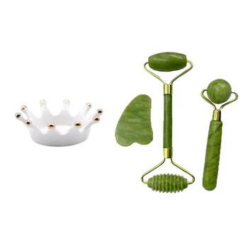 

1Pcs Ceramic Crown Design Nail Art Brush Display Stand & 1 Set Jade Roller Kit, Facial Roller Massager Eye