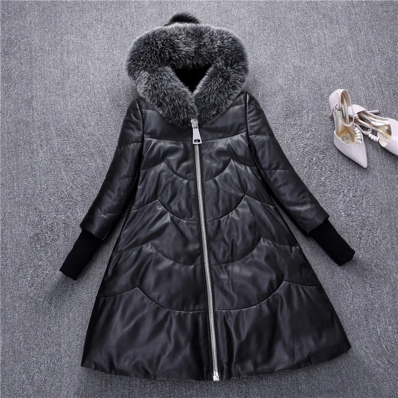 Genuine Leather Jacket Female Elegant New Snow Wear Hooded Fox Fur Collar Sheepskin Duck Down Winter Coat Women Tops YP006