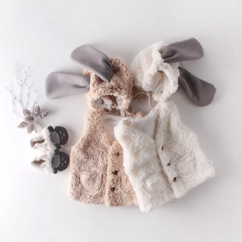 Одежда для малышей осенне-зимняя одежда Теплый жилет для новорожденных девочек пушистый наряд без рукавов+ шапка с длинными ушками, комплект из 2 предметов, жилет