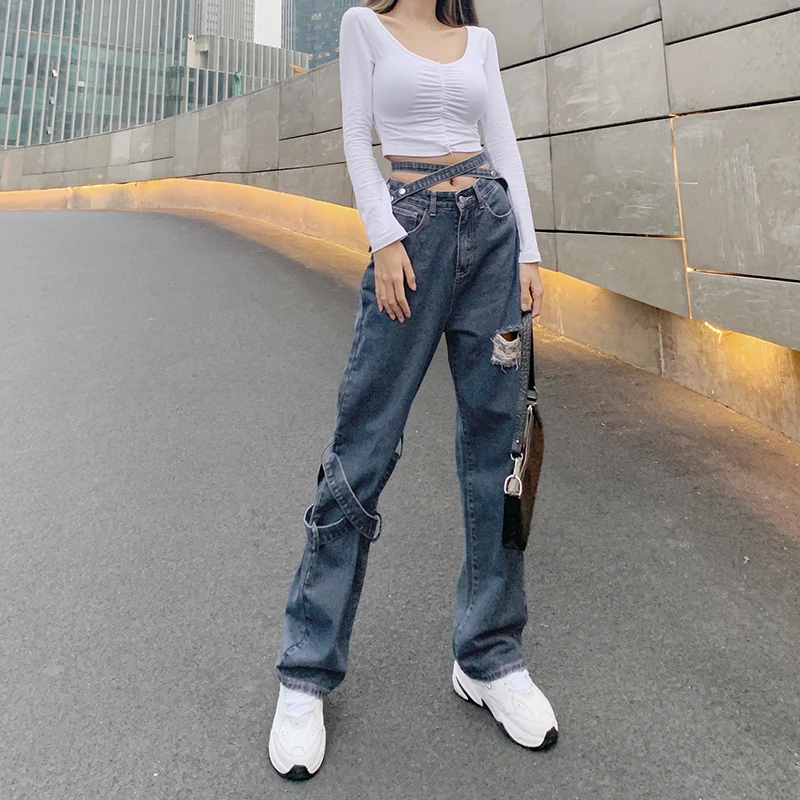 

Jeans Woman Detachable Streamer Ripped Jeans Women Retro High Waist Straight Leg Loose Wide Leg Pants Jeans Ladies Fashion
