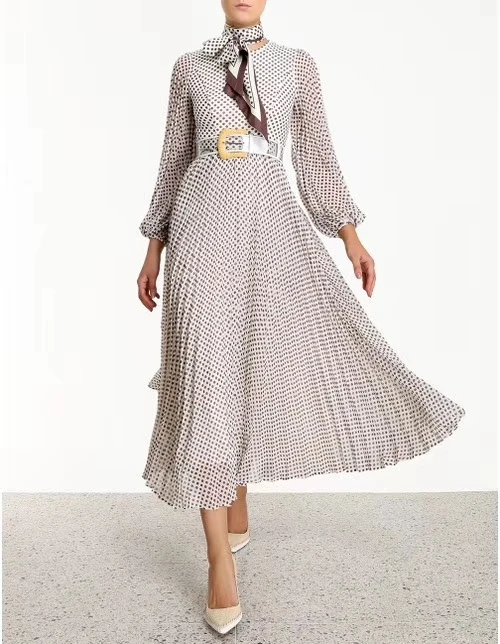 Женское Новое винтажное модное плиссированное платье в горошек с длинным рукавом и круглым вырезом средней длины - Цвет: as show picture
