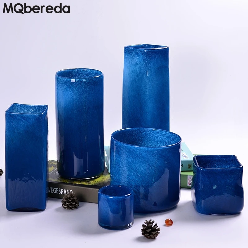 Новая современная стеклянная ваза цветочный горшок Европейский Средиземноморский ручной работы Геометрическая круглая стеклянная ваза для цветов темно-синего цвета