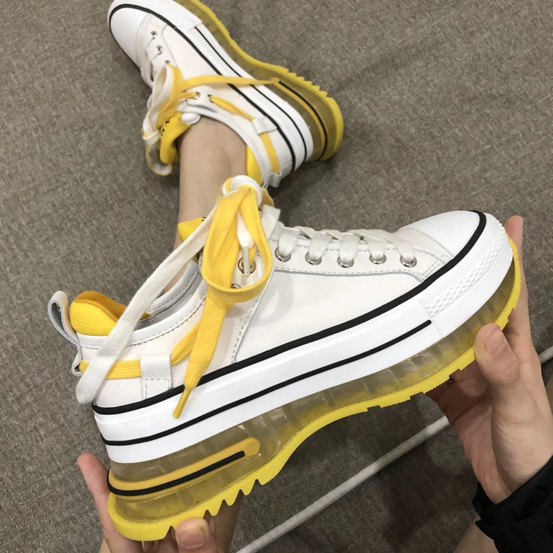 

European station women's shoes 2020 spring new leather thick bottom muffin crystal bottom with air cushion small white shoes Eur