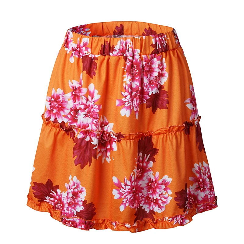 High Waist Mini Skirts Women Orange Floral Print Casual Chic Summer Skirt Sexy High Fashion Boho Skirt Holiday Beach