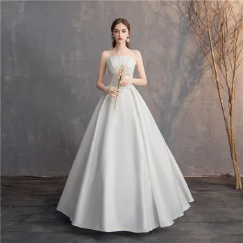 

Simple Satin Wedding Dress Strapless Lace Up Bridal Gown Elegant A-line Robe De Mariee Cheap Vestidos De Novia Custom Made