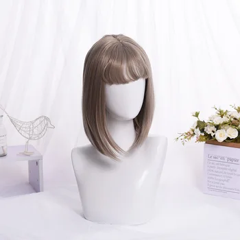 

Korean version of the new short straight hair hood female grandma gray black wig with bangs short hair suitable for any face