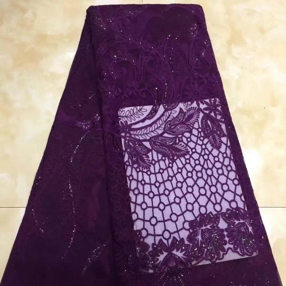 

Afican lace fabric 5yds/pce sequins embroidery purple mesh fabrics women gorgeous luxury lagos party bright dress asoebi 2020