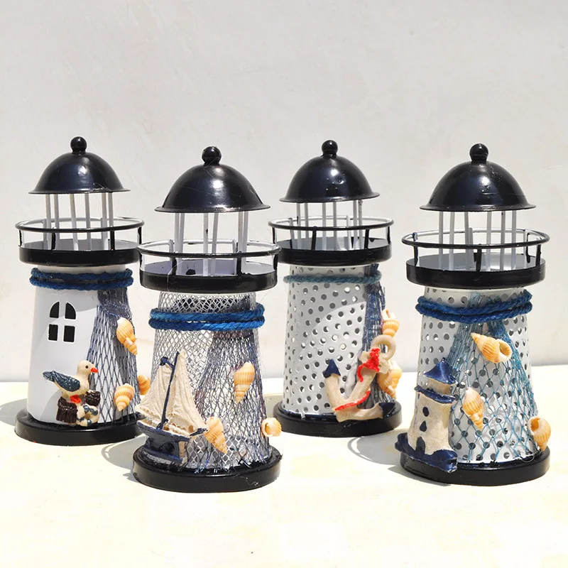 

New Mediterranean style seabird shell iron lighthouse LED small electronic light wrought iron tabletop decoration14cm