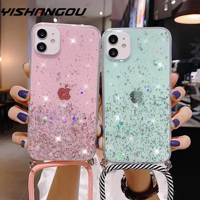 Блестящий чехол для телефона с цепочкой и шнурком iPhone 11 12 Pro XS Max XR X 6 6s 7 8Plus