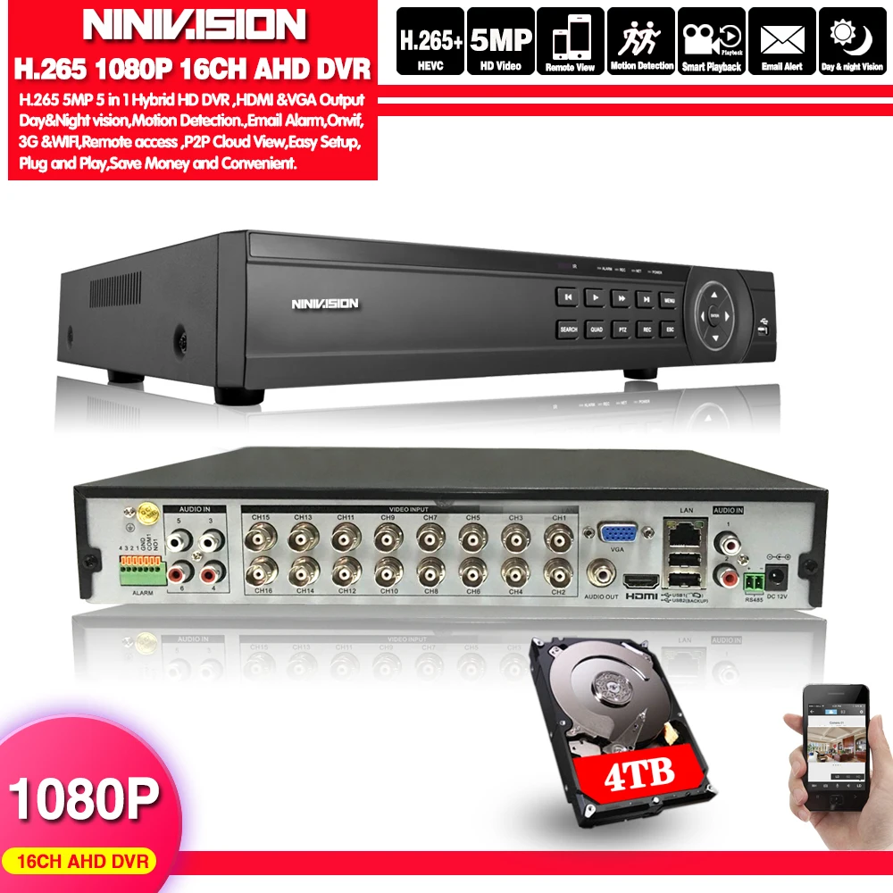 Видеорегистратор NINIVISION 16 каналов AHD DVR TVI CVI HD 1080P H.264 сетевая канальная IP камера