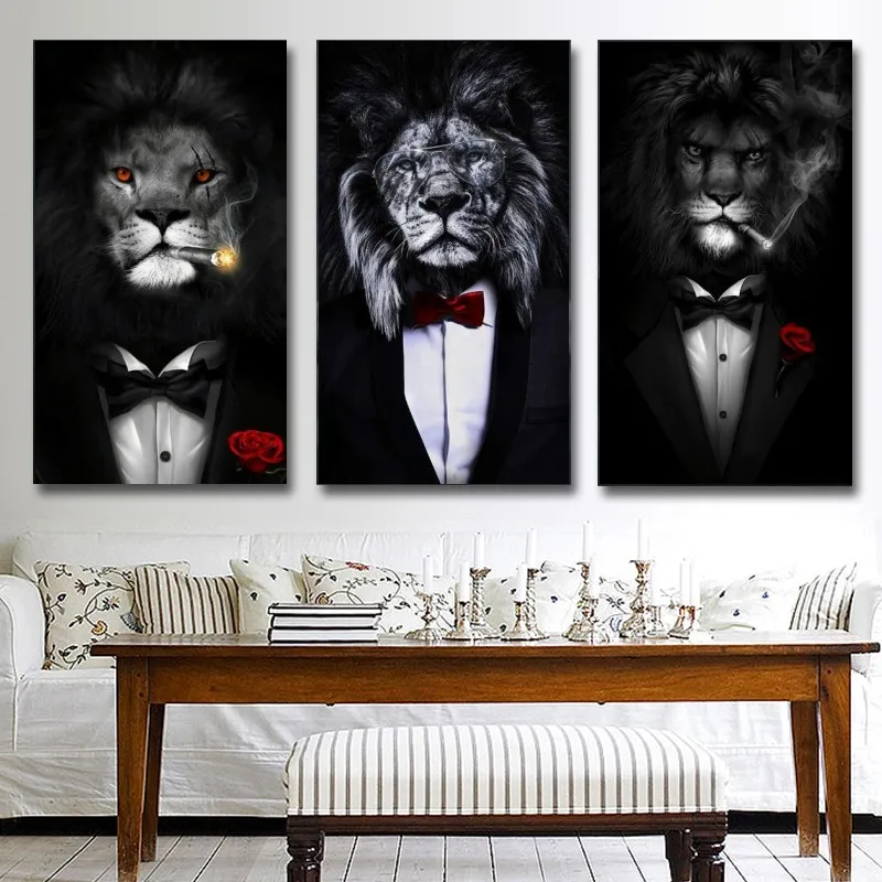 

Black Wild Lion Smoking a Cigar Canvas Paintings On the Wall Art Pictures Lions in a Suit Canvas Art Posters Home Decoration
