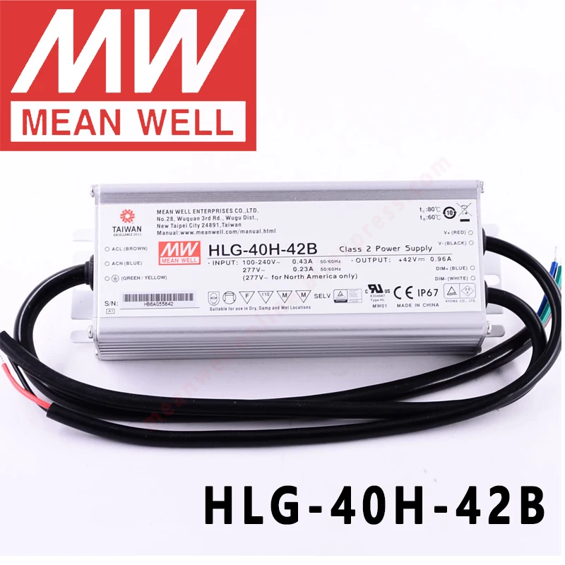

Mean Well HLG-40H-42B для улицы/высокого залива/Теплицы/паркинга meanwell 40 Вт постоянное напряжение с драйвером постоянного тока для светодиода