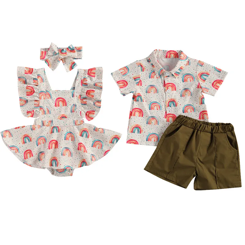 Conjunto de ropa informal a juego con estampado de arco iris para niños, mameluco con volantes, camisas, trajes de playa