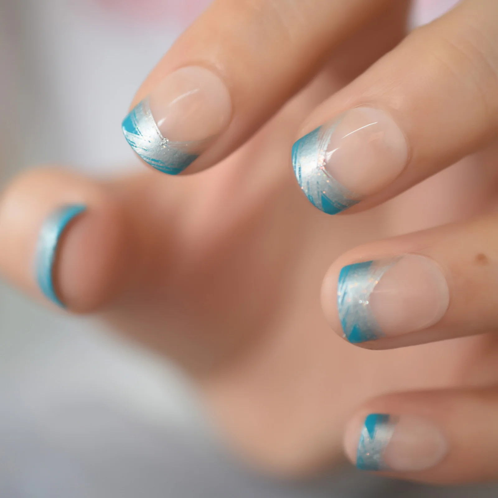 Natural Nude Blue Silver French Nail Tips False Fake Nails Gel Press On  Summer Short Easy Wear For Home Office Wear - False Nails - AliExpress