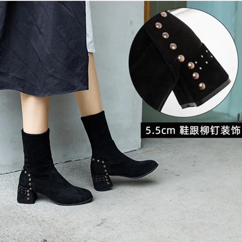 

Online Celebrity plus Velvet Middle Boots 2019 Autumn And Winter New Style Versatile Stretch Boots Boots with Chunky Heels Child