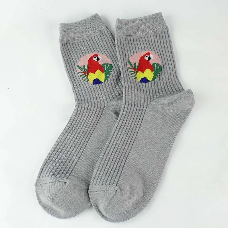 Gray Parrot Короткие носки для взрослых до середины икры с рисунком попугая из мультфильма; яркий светильник с изображением птиц и домашних животных; женские Молодежные носки с попугаями - Цвет: Gray Parrot