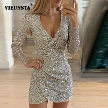 Vestidos de purpurina plateados sexis para mujer 2019 con escote en V profundo lentejuelas Mini vestido ajustado Otoño Invierno vestido de fiesta de manga larga(China)