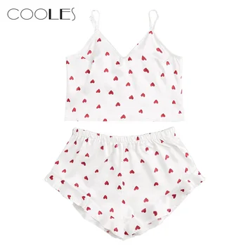 

Lingerie Women Heart Print Satin Camisole Pajamas Ruffled Flounce Shorts Lingerie Set Pijama Mujer Pigiama Donna пижама женская