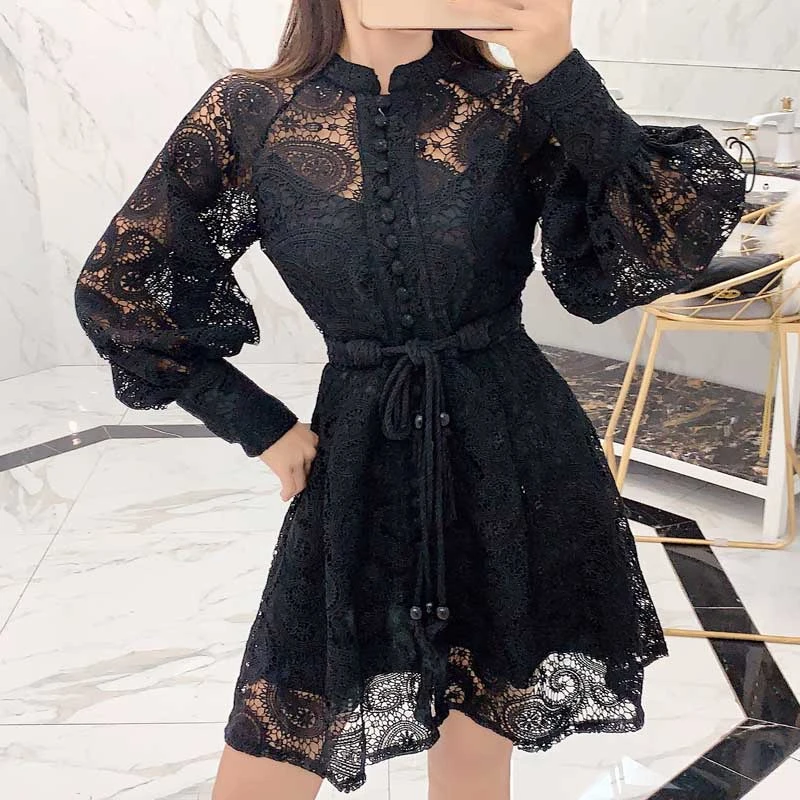 Boho inspirado negro encaje vestido de fiesta Invierno 2019 manga larga puff mini cena chic vestido plisado cinturón mujer| Vestidos| -