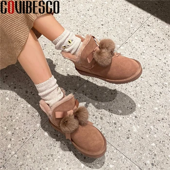 

COVIBESCO Winter Wool Warm Snow Boots Women Casual Ankle Boots Cow Suede Shoes Woman Sweet Butterfly-Knot Casual Flat Boots New
