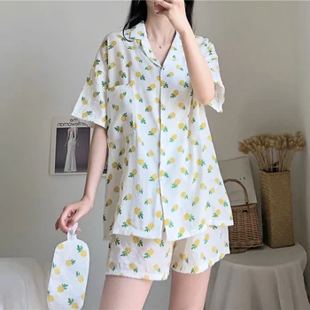 

Women Summer Pineapple Print Pajamas Set Short Sleeve Sleeve Three-piece Suit Sleepwear Casual Turn-down Collar Homewear S337