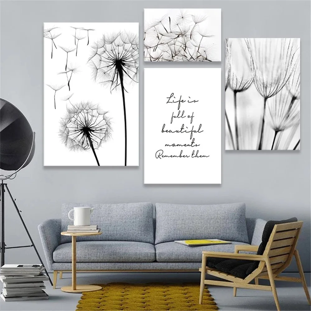 

Nordic Dandelion Plant Wall Art Poster And Print Quotes Canvas Painting Black White Pictures Modern Living Room Home Decoration