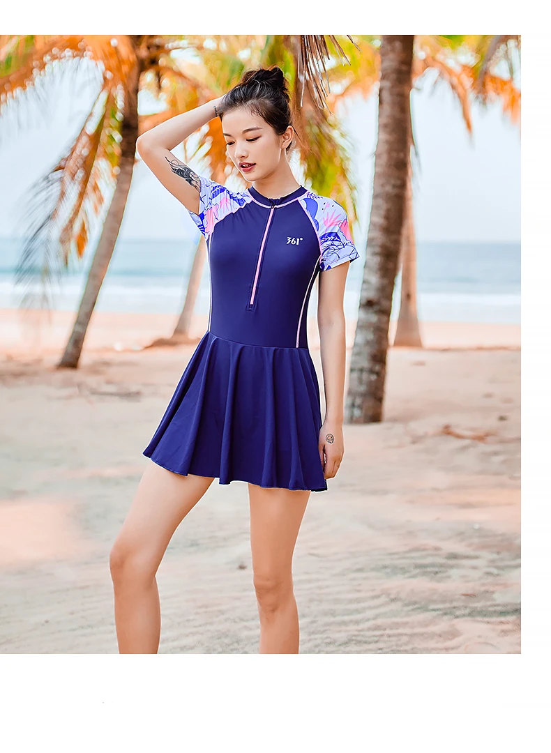 361 Swimsuit Female Summer 2021 One Piece Swim Skirt Short Sleeve Women Swimwear Swim Dress Zipper Stripe Rash Guard