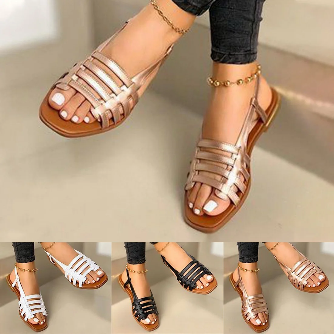 Flat Sandals Ladies Summer Outdoor Fashion Leather Flat Shoes Round Toe Elegent Slipper Adjustable Buckle Strap Casual sandals