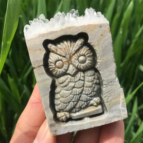 Natural carved owl quartz crystal cluster point owl specimen reiki treatment 1pc